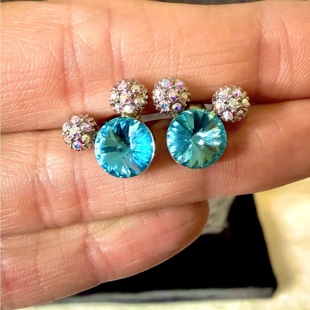 Disney Minnie Mickey Mouse Earrings Rivoli Blue Topaz, & AB Crystal Studs - Picture 5 of 5